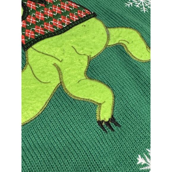 Vintage Jolly Sweaters Large Green Christmas Disco Dancing T-Rex Sweater - Picture 7 of 14